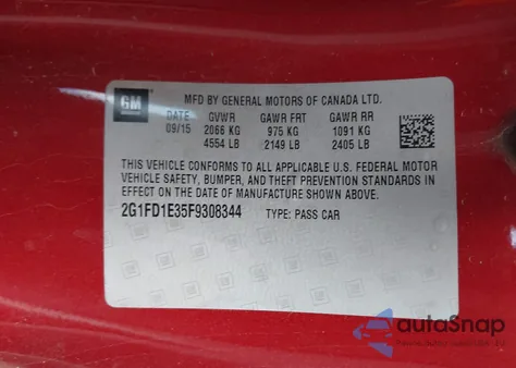 2015 Chevrolet Camaro 1Lt z USA, uszkodzony, nr VIN 2G1FD1E35F9308344